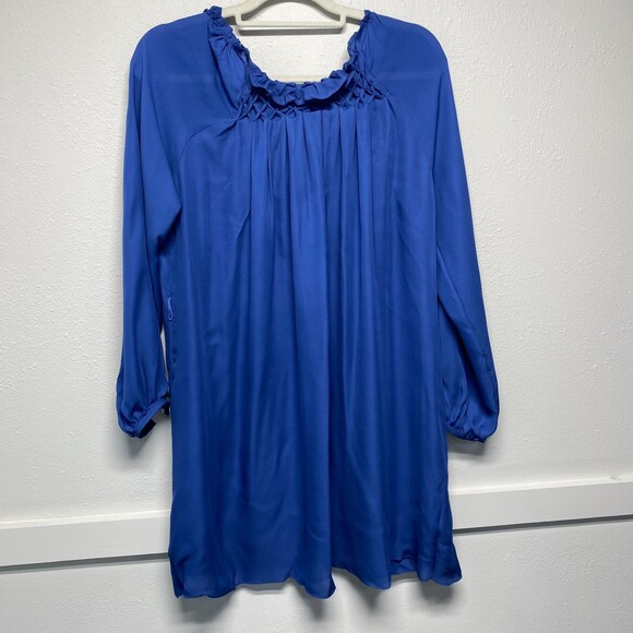 Wai Ming 100% Silk Blue Lattice Detailed Long Sleeve Dress Missing Belt Small - Picture 2 of 9